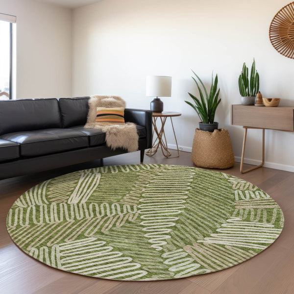 HomeRoots 8' Washable Round Floral Rug in Olive Green, Ivory & Beige - UV Protected & Stain Resistant! 671915