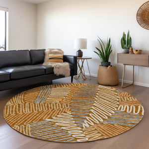 HomeRoots 8' Washable Round Rug in Rust, Gray & Beige Floral Design - UV Protected, Durable for Everyday Use 671921