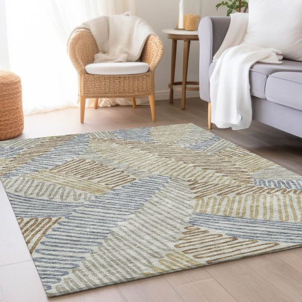 HomeRoots 5' X 8' Floral Area Rug in Taupe, Blue & Beige - Washable, UV-Protected & Stain Resistant Elegance 671926