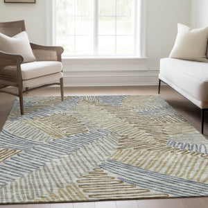 HomeRoots 5' X 8' Floral Area Rug in Taupe, Blue & Beige - Washable, UV-Protected & Stain Resistant Elegance 671926