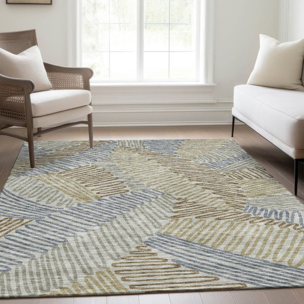 HomeRoots 5' X 8' Floral Area Rug in Taupe, Blue & Beige - Washable, UV-Protected & Stain Resistant Elegance 671926