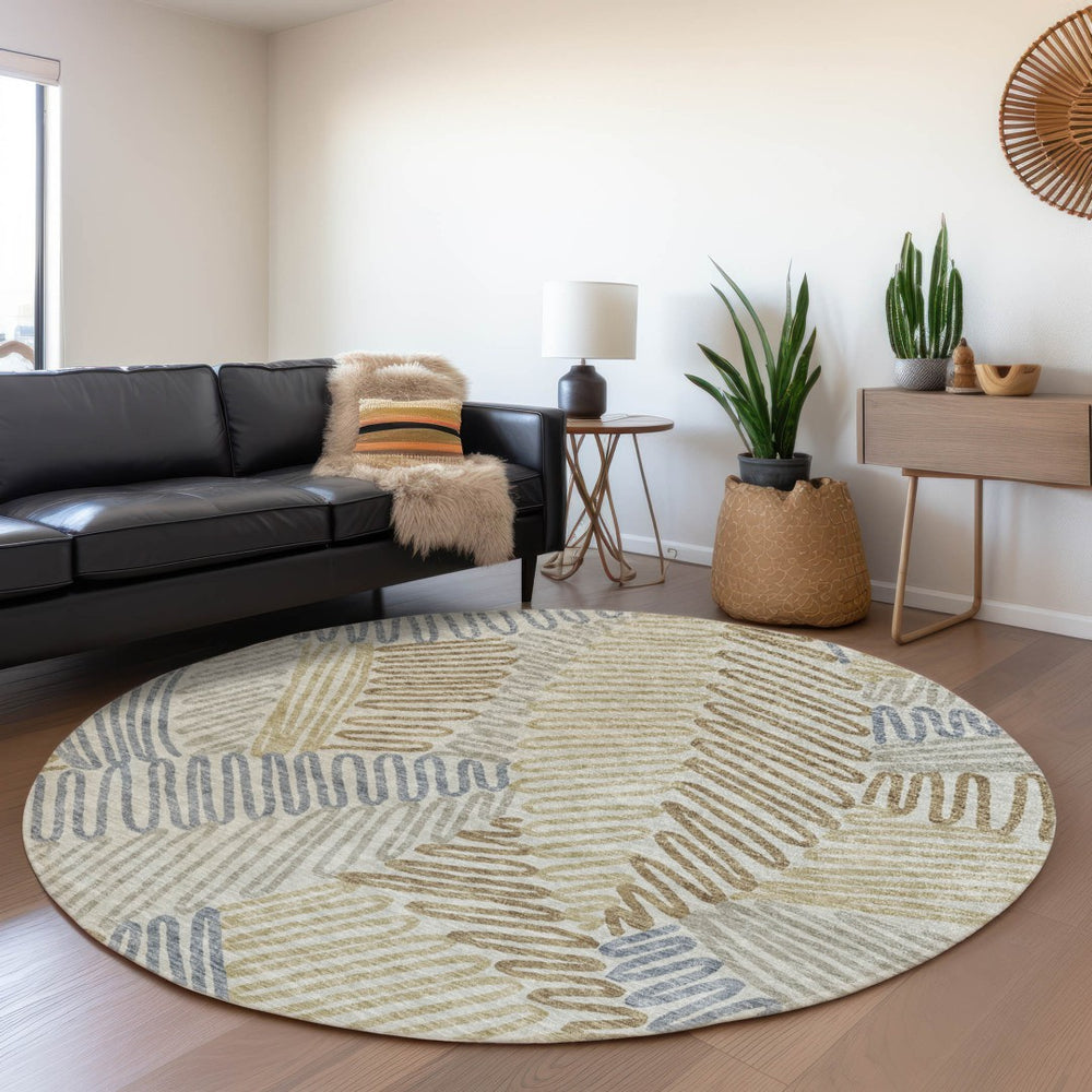 HomeRoots 8' Washable Round Rug in Taupe, Blue & Beige Floral Design – UV Protected, Durable, Easy Care! 671927