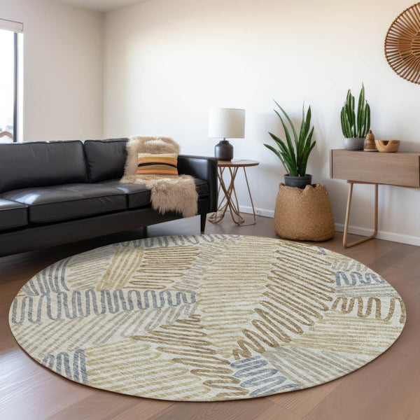 HomeRoots 8' Washable Round Rug in Taupe, Blue & Beige Floral Design – UV Protected, Durable, Easy Care! 671927
