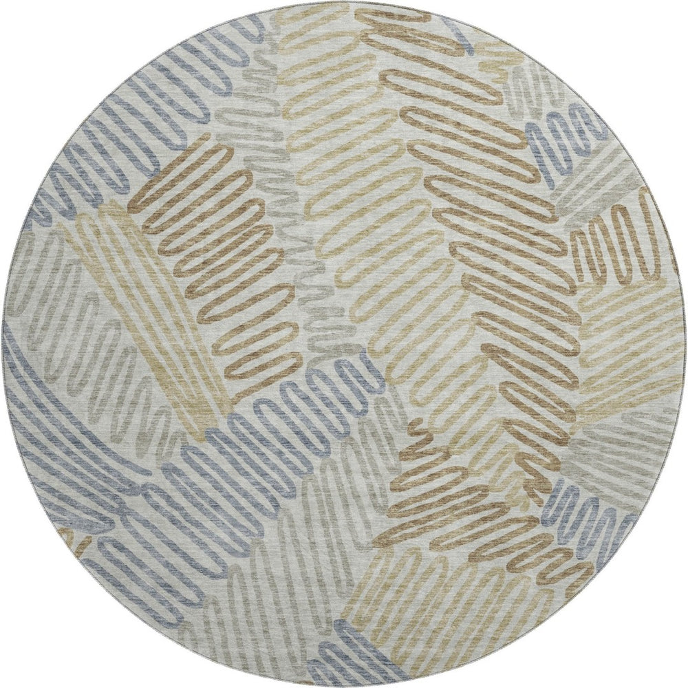 HomeRoots 8' Washable Round Rug in Taupe, Blue & Beige Floral Design – UV Protected, Durable, Easy Care! 671927