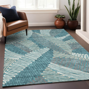 HomeRoots 9' X 12' Multi-Functional Teal Ivory Gray Floral Area Rug - Washable, UV Protected, Stain Resistant 671935