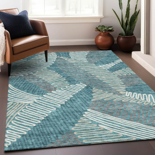 HomeRoots 9' X 12' Multi-Functional Teal Ivory Gray Floral Area Rug - Washable, UV Protected, Stain Resistant 671935