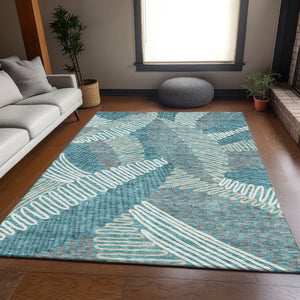HomeRoots 9' X 12' Multi-Functional Teal Ivory Gray Floral Area Rug - Washable, UV Protected, Stain Resistant 671935
