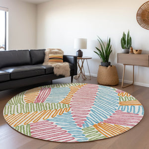 HomeRoots 8' Washable Round Floral Rug in White, Pink, Green & Blue with UV Protection for Indoor Use 671939