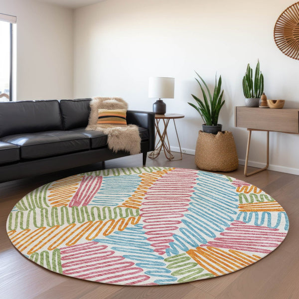 HomeRoots 8' Washable Round Floral Rug in White, Pink, Green & Blue with UV Protection for Indoor Use 671939
