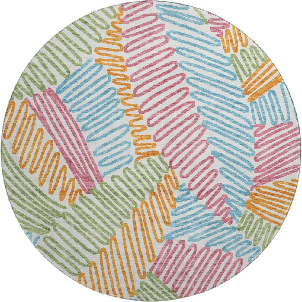 HomeRoots 8' Washable Round Floral Rug in White, Pink, Green & Blue with UV Protection for Indoor Use 671939