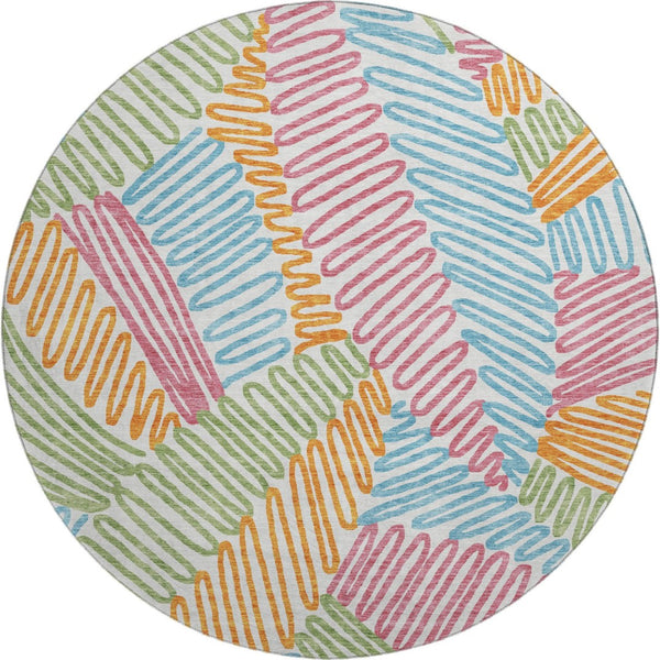 HomeRoots 8' Washable Round Floral Rug in White, Pink, Green & Blue with UV Protection for Indoor Use 671939
