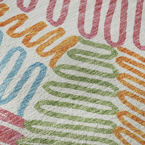 HomeRoots 8' Washable Round Floral Rug in White, Pink, Green & Blue with UV Protection for Indoor Use 671939