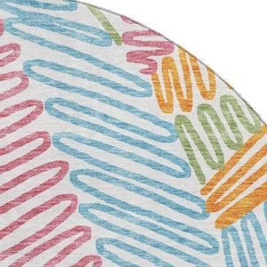 HomeRoots 8' Washable Round Floral Rug in White, Pink, Green & Blue with UV Protection for Indoor Use 671939