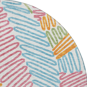 HomeRoots 8' Washable Round Floral Rug in White, Pink, Green & Blue with UV Protection for Indoor Use 671939