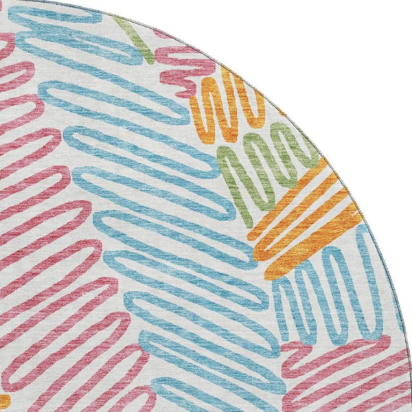 HomeRoots 8' Washable Round Floral Rug in White, Pink, Green & Blue with UV Protection for Indoor Use 671939