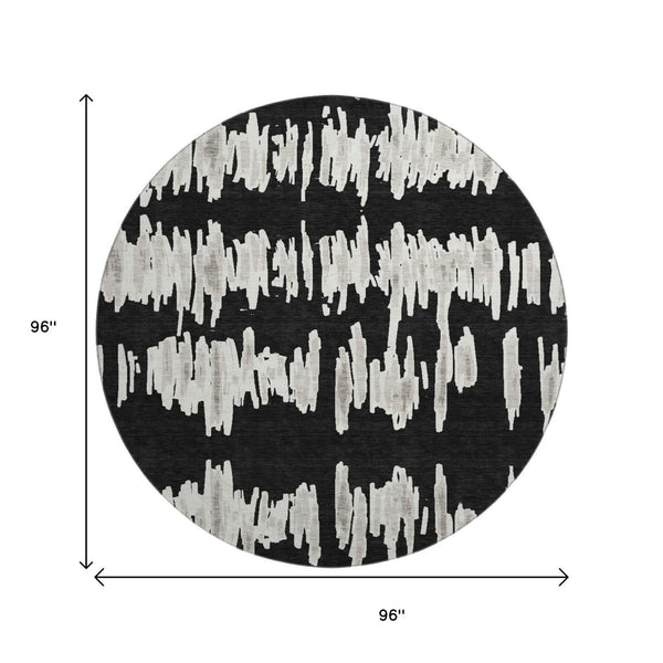 HomeRoots 8' Black And Ivory Striped Washable Round Rug - Durable, UV-Protected, Ideal for High-Traffic Areas 671945