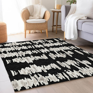 HomeRoots 8' X 10' Black and Ivory Striped Area Rug – Washable, UV-Protected, Durable for High-Traffic Spaces 671946