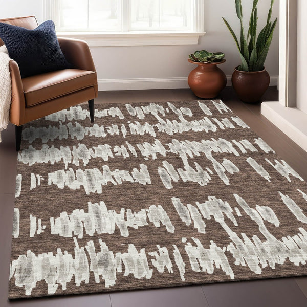 HomeRoots 5' X 8' Stylish Brown & Beige Striped Washable Area Rug - UV Protected, Durable & Low-Maintenance! 671950
