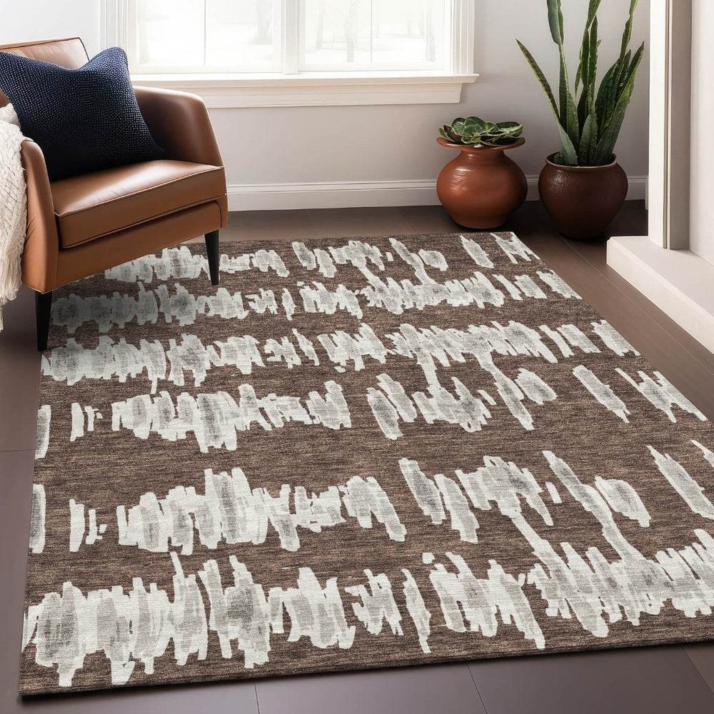 HomeRoots 8' X 10' Brown And Beige Striped Area Rug – Washable, UV-Protected, Perfect for High-Traffic Spaces! 671952