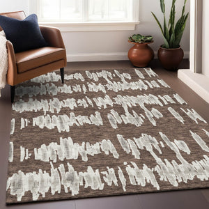 HomeRoots 8' X 10' Brown And Beige Striped Area Rug – Washable, UV-Protected, Perfect for High-Traffic Spaces! 671952