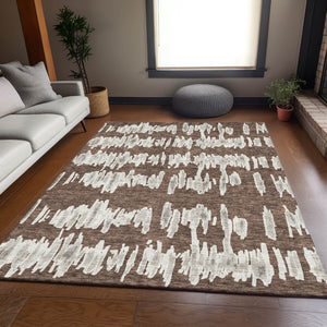HomeRoots 8' X 10' Brown And Beige Striped Area Rug – Washable, UV-Protected, Perfect for High-Traffic Spaces! 671952