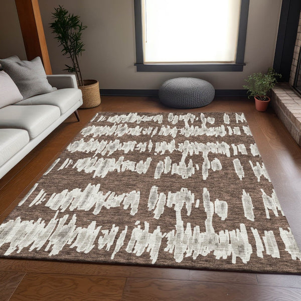 HomeRoots 8' X 10' Brown And Beige Striped Area Rug – Washable, UV-Protected, Perfect for High-Traffic Spaces! 671952