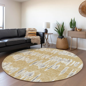HomeRoots 8' Gold and Beige Striped Round Rug - Washable, Stain Resistant, UV Protected for Busy Homes 671957