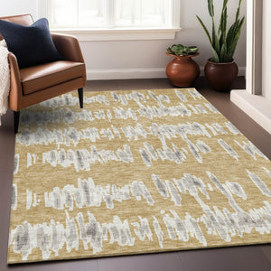 HomeRoots 8' X 10' Washable Gold and Beige Striped Area Rug - Durable, Stain Resistant, UV Protected for Homes 671958