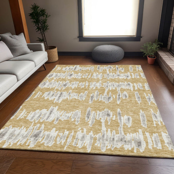HomeRoots 8' X 10' Washable Gold and Beige Striped Area Rug - Durable, Stain Resistant, UV Protected for Homes 671958
