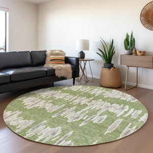 HomeRoots 8' Washable Green and Beige Striped Round Rug with UV Protection for Stylish, Durable Home Use 671969