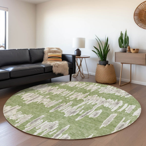 HomeRoots 8' Washable Green and Beige Striped Round Rug with UV Protection for Stylish, Durable Home Use 671969