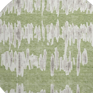 HomeRoots 8' Washable Green and Beige Striped Round Rug with UV Protection for Stylish, Durable Home Use 671969