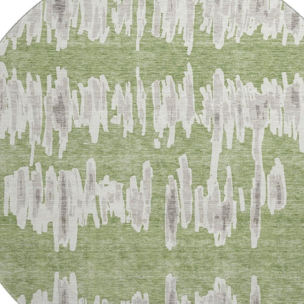 HomeRoots 8' Washable Green and Beige Striped Round Rug with UV Protection for Stylish, Durable Home Use 671969
