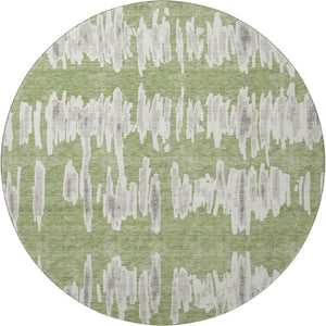 HomeRoots 8' Washable Green and Beige Striped Round Rug with UV Protection for Stylish, Durable Home Use 671969