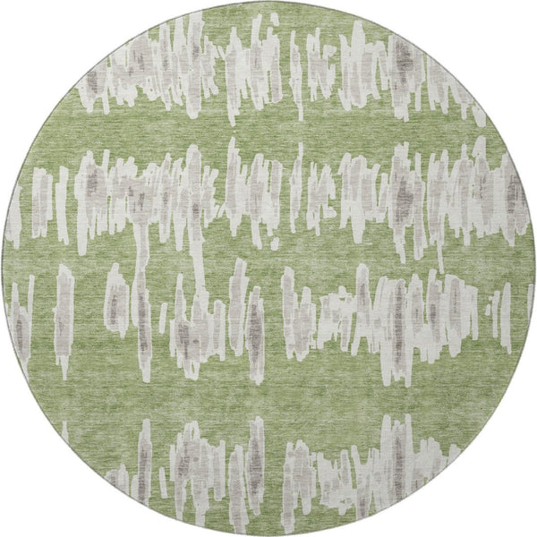 HomeRoots 8' Washable Green and Beige Striped Round Rug with UV Protection for Stylish, Durable Home Use 671969