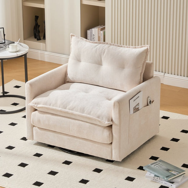 English Elm UNITED Swivel Barrel Chair with Chenille Upholstery, 360° Smooth Rotation, Padded Arm Comfort and Side Pockets for Living Room Relaxation Beige W1568P290083