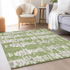 HomeRoots 9' X 12' Striped Area Rug in Green and Beige - Durable, Washable, UV-Protected, Perfect for Families 671971