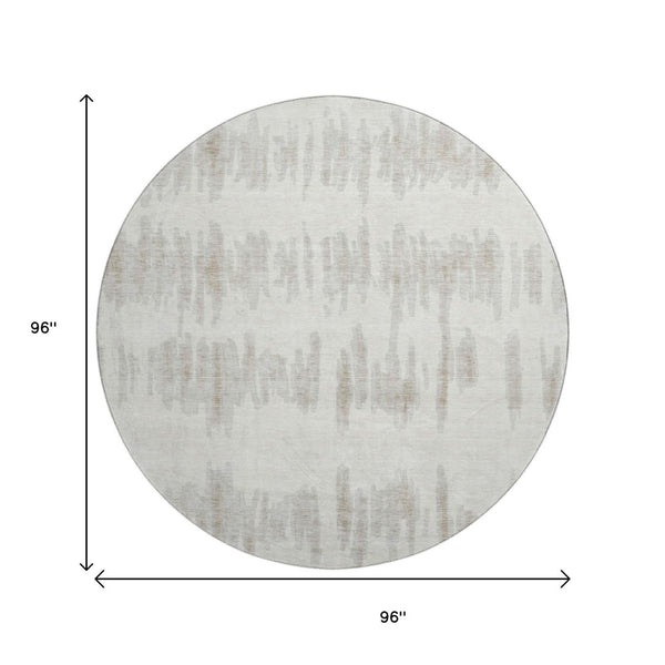 HomeRoots 8' Stylish Ivory and Beige Striped Washable Round Rug with UV Protection for Family Spaces 671975