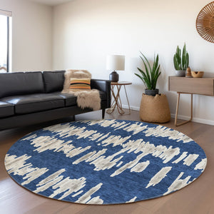HomeRoots 8' Navy Blue & Beige Striped Round Rug - Washable, Durable & UV Protected for High-Traffic Areas 671981