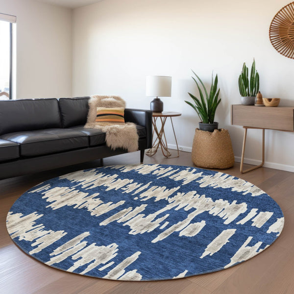 HomeRoots 8' Navy Blue & Beige Striped Round Rug - Washable, Durable & UV Protected for High-Traffic Areas 671981