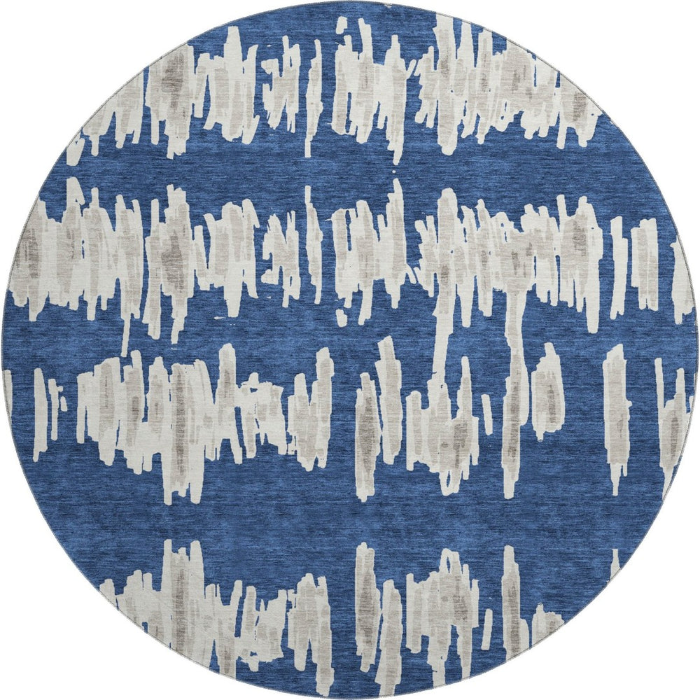 HomeRoots 8' Navy Blue & Beige Striped Round Rug - Washable, Durable & UV Protected for High-Traffic Areas 671981
