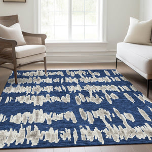 HomeRoots 8' X 10' Navy Blue & Beige Striped Area Rug - Washable, UV Protected, Durable for High-Traffic Spaces 671982