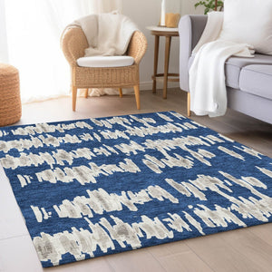 HomeRoots 9' X 12' Navy Blue & Beige Striped Washable Area Rug - Durable, Stain-Resistant, UV Protected Design 671983
