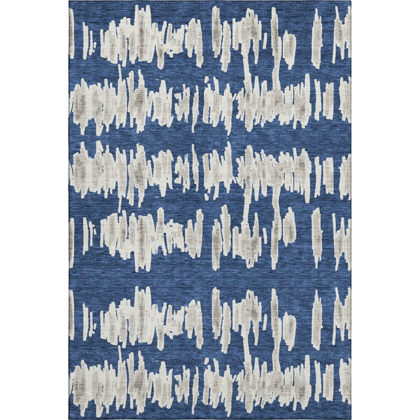 HomeRoots 9' X 12' Navy Blue & Beige Striped Washable Area Rug - Durable, Stain-Resistant, UV Protected Design 671983
