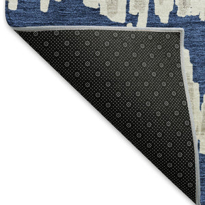 HomeRoots 9' X 12' Navy Blue & Beige Striped Washable Area Rug - Durable, Stain-Resistant, UV Protected Design 671983