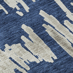 HomeRoots 9' X 12' Navy Blue & Beige Striped Washable Area Rug - Durable, Stain-Resistant, UV Protected Design 671983