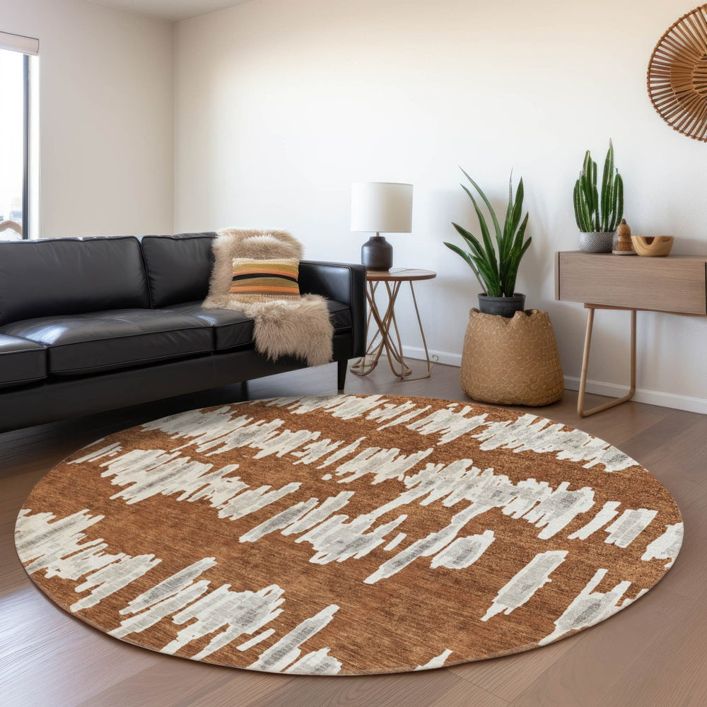 HomeRoots 8' Washable Round Rug in Rust and Beige Stripes – UV Protected, Durable, Perfect for Homes with Kids! 671987