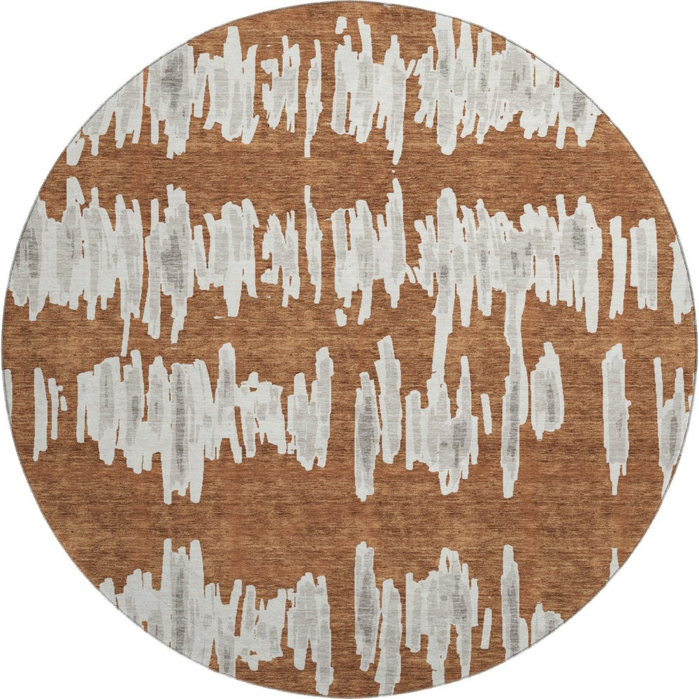 HomeRoots 8' Washable Round Rug in Rust and Beige Stripes – UV Protected, Durable, Perfect for Homes with Kids! 671987