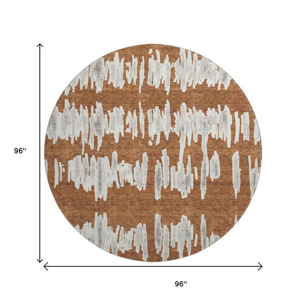 HomeRoots 8' Washable Round Rug in Rust and Beige Stripes – UV Protected, Durable, Perfect for Homes with Kids! 671987