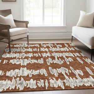 HomeRoots 8' X 10' Durable Rust and Beige Striped Area Rug - Washable, UV-Protected, Perfect for Family Homes 671988